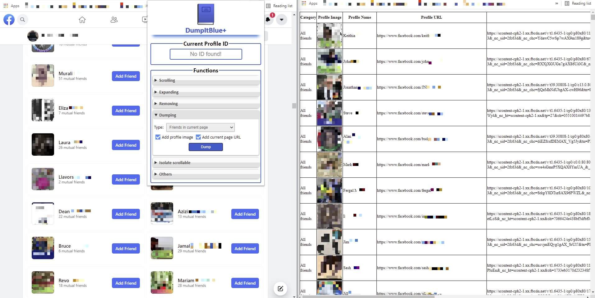 Extracting follower data, reactions and friend lists from Facebook with DumpItBlue+