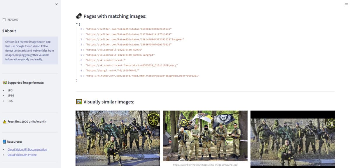 GVision is a Python-served browser-based imagery OSINT utility that applies landmark detection to geolocate images via Google Cloud Vision API.