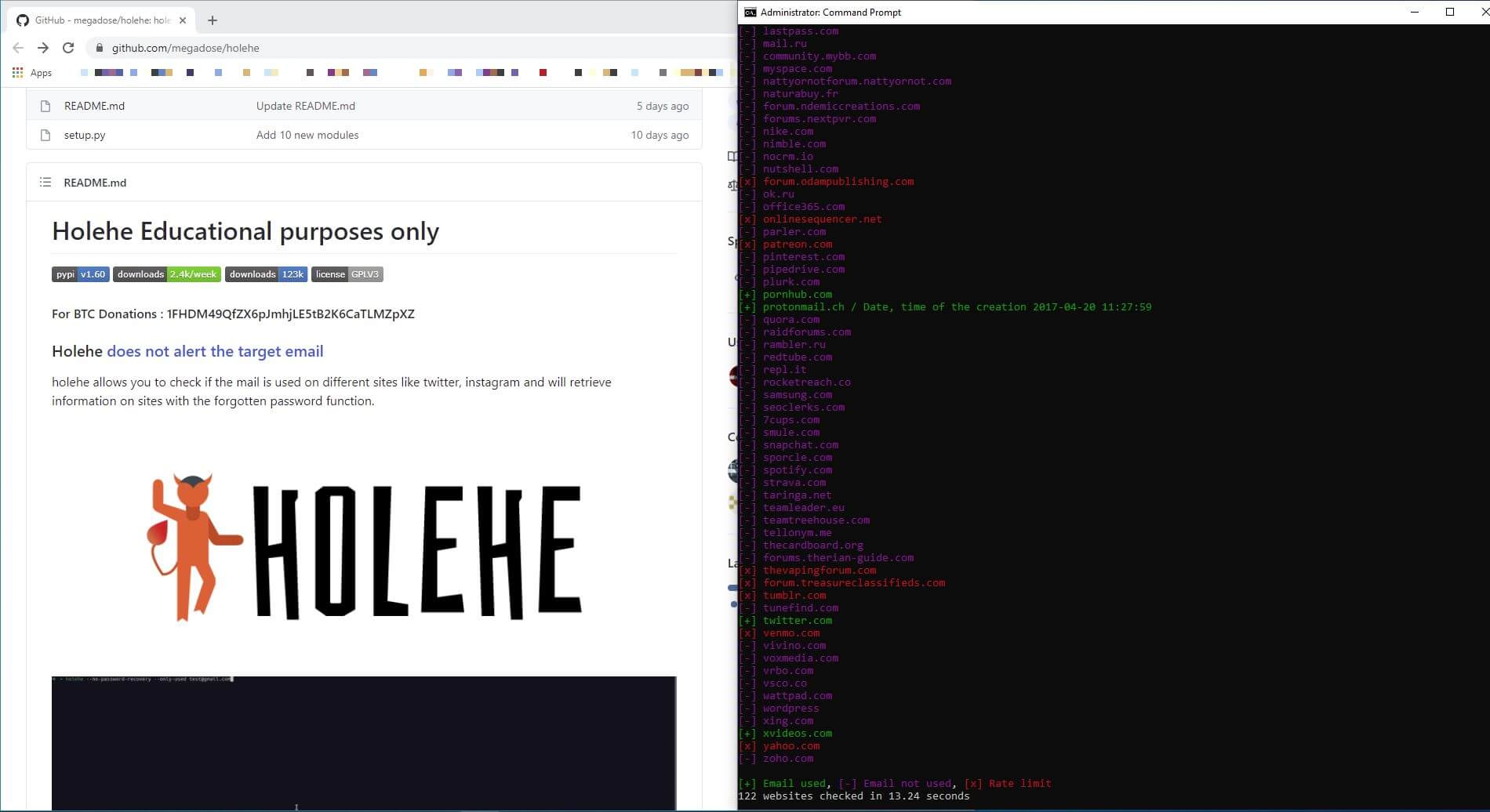 Verifying and investigating email addresses with Holehe