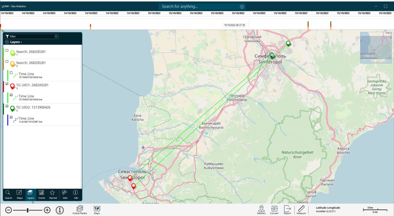 YOSE Geo-Analytics module showing locations and movement of Telegram users