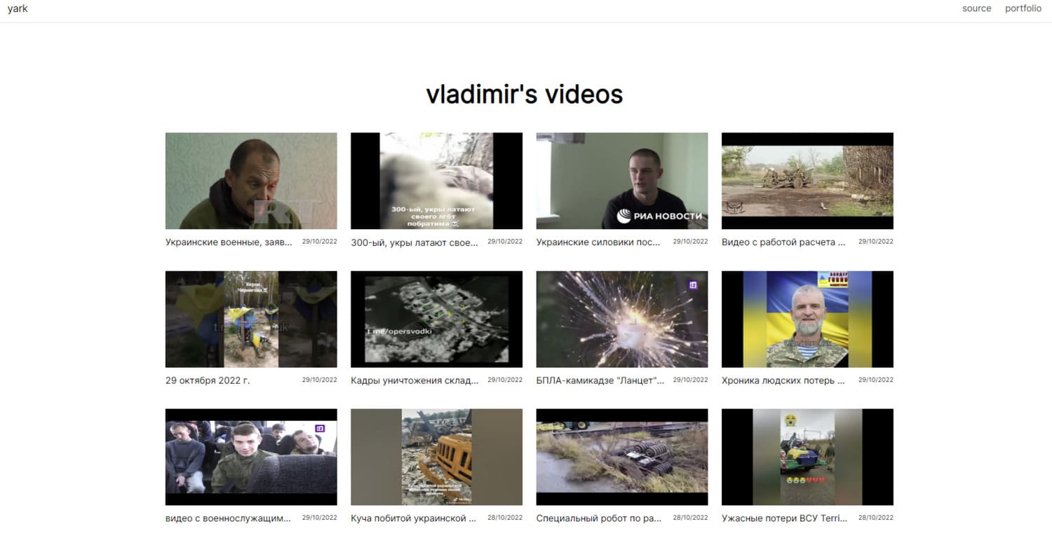 YARK web application showing scraped video content from YouTube